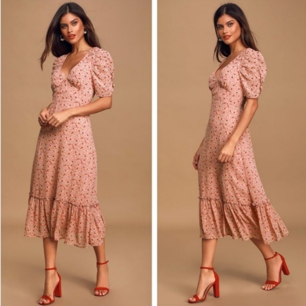 Lulus 'Before You Go' Dusty Pink Floral Midi Dress NWT!!